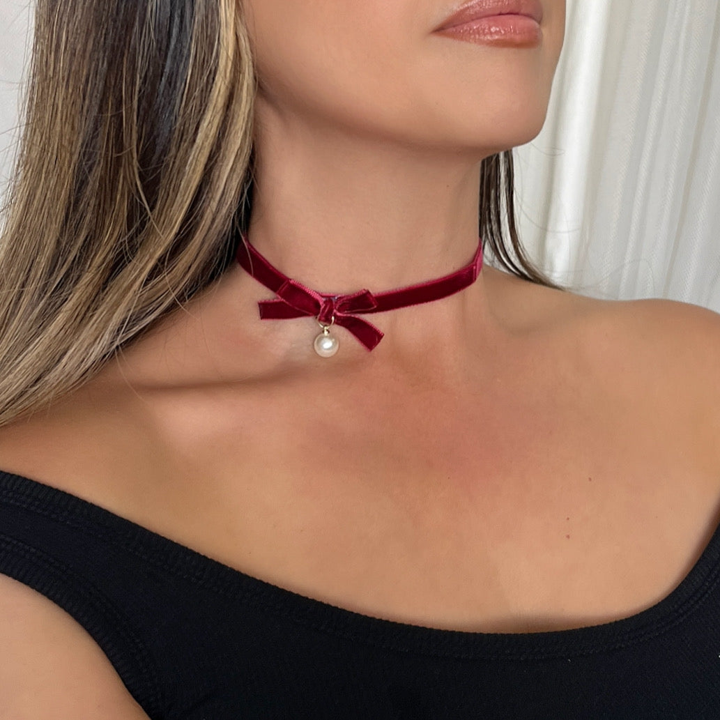 Velvety Bow Tie Choker - The Songbird Collection - red wine velvet