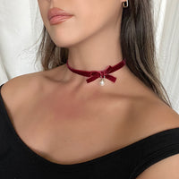 Velvety Bow Tie Choker - The Songbird Collection - red wine velvet