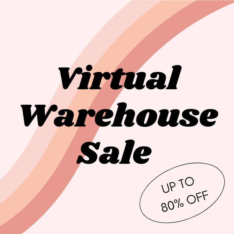 Text reading “Virtual Warehouse Sale” is centered over a pale background with peach and pink diagonal stripes. In the bottom right, a white oval says, “UP TO 80% OFF.”.