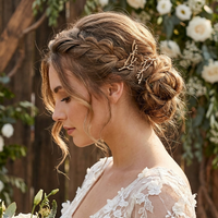A woman in a white lace wedding dress with an updo hairstyle, styled with a delicate gold branch hair accessory, photographed outdoors against a rustic wooden fence and white flowers.  Arbors Hair Pin Set - The Songbird Collection