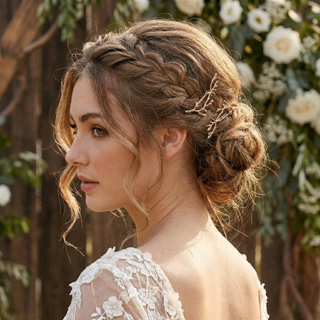 A woman in profile wearing a delicate gold vine hair accessory in her updo, set against a rustic wooden fence and white rose garden background.  Arbors Hair Pin Set - The Songbird Collection
