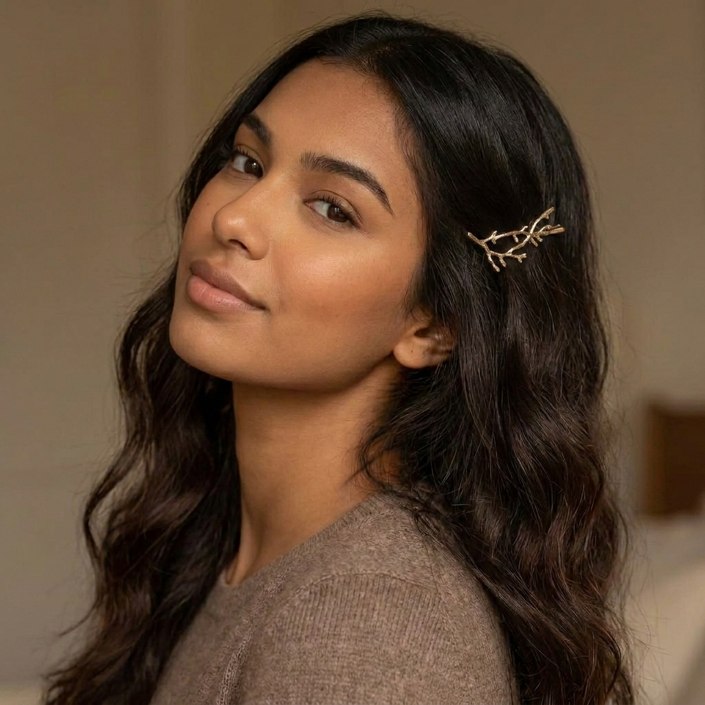 A woman with long, wavy dark brown hair wearing a delicate gold branch-shaped hair claw clip, posing in a warm indoor setting. Arbors Hair Pin Set - The Songbird Collection