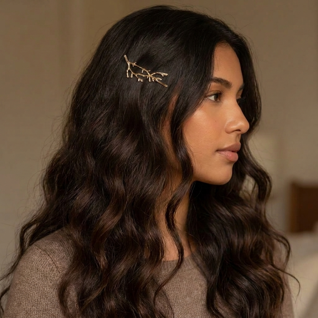 A woman with long, dark brown wavy hair wearing a small gold branch-shaped hair claw clip, shown in profile against a soft beige background.  Arbors Hair Pin Set - The Songbird Collection