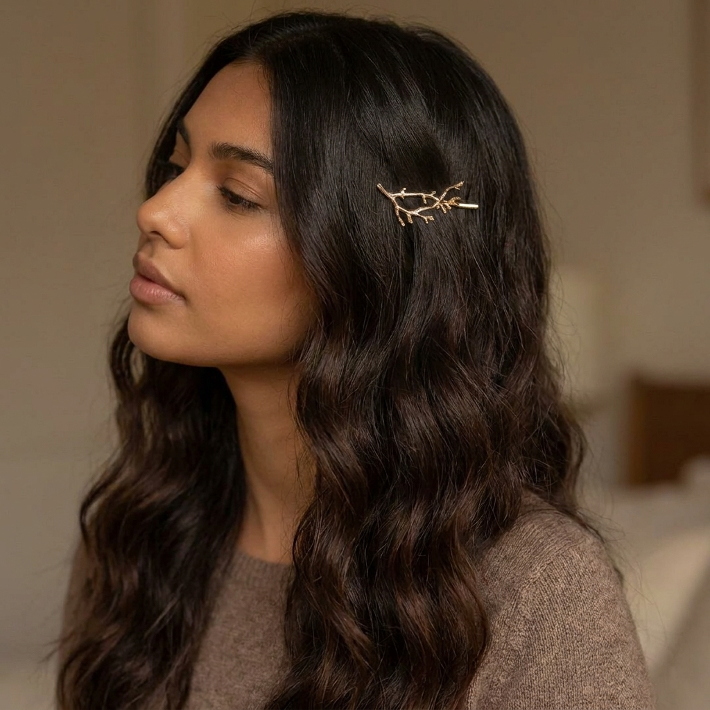 A woman with long, dark brown wavy hair wearing a delicate gold branch-shaped hair claw clip, shown in a soft-focus indoor setting. Arbors Hair Pin Set - The Songbird Collection