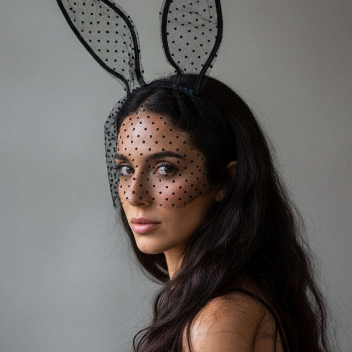 Black Lace Polka Dot Bunny Ear Headband