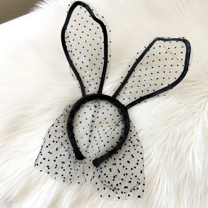 Black Lace Polka Dot Bunny Ear Headband