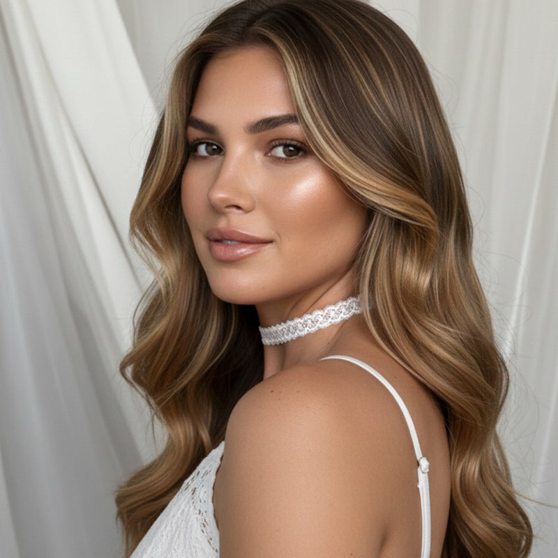 Woman with long, wavy hair wearing a white lace top against a white curtain background