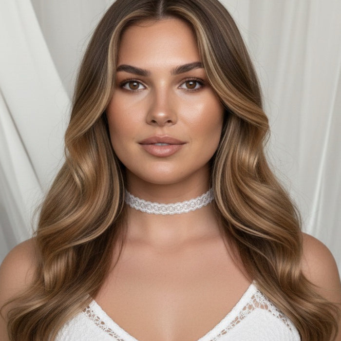 Woman wearing a white lace choker against a neutral background