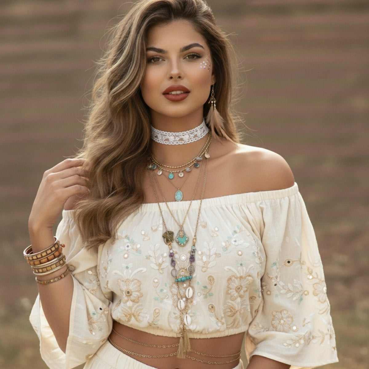 Woman wearing a white embroidered top with jewelry against a blurred natural background