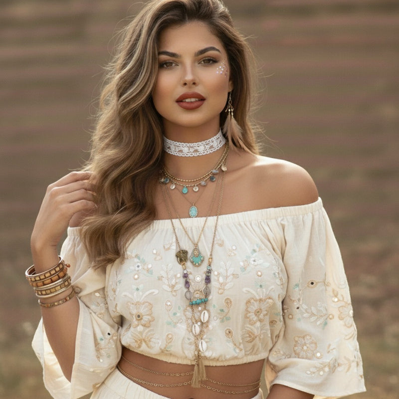 Woman wearing a white embroidered top with jewelry against a blurred natural background