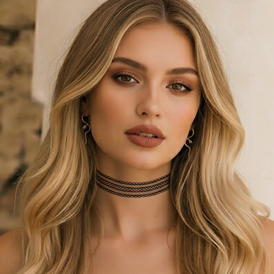 Woman with long blonde hair wearing a black choker necklace against a neutral background