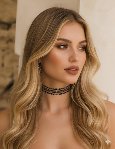 Woman with long blonde hair wearing a choker necklace against a neutral background