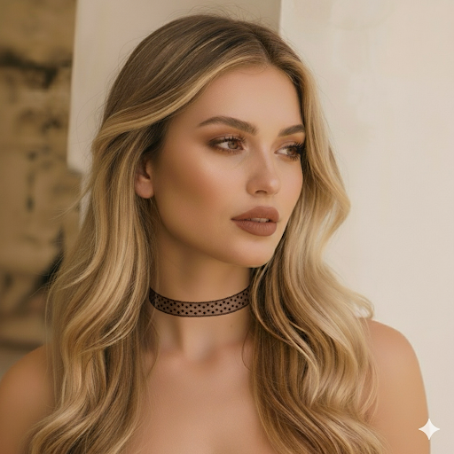 Woman wearing a black polka dot choker with a neutral background