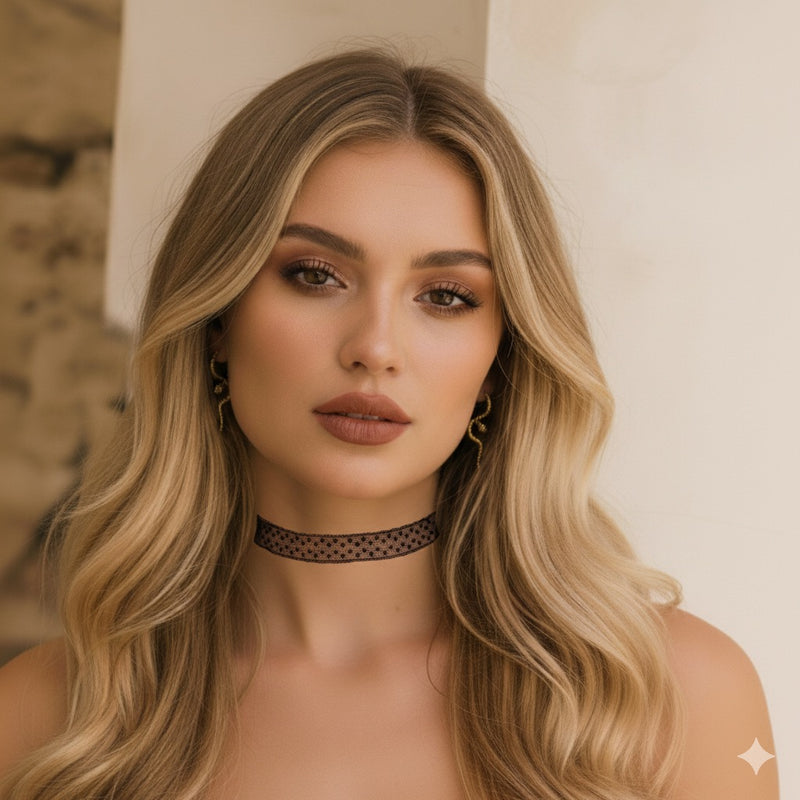 Woman with long blonde hair wearing a black choker against a neutral background