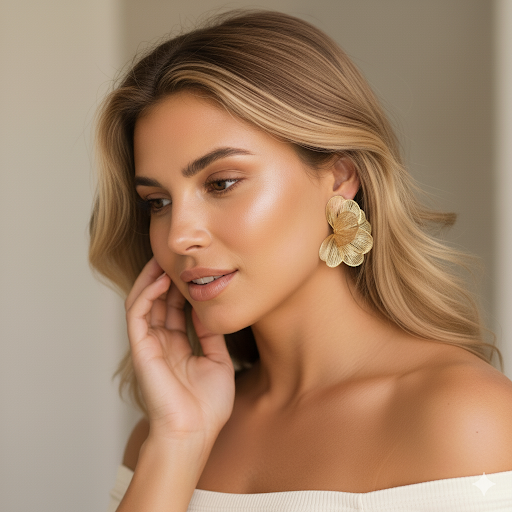 Woman wearing gold floral earrings with a neutral background