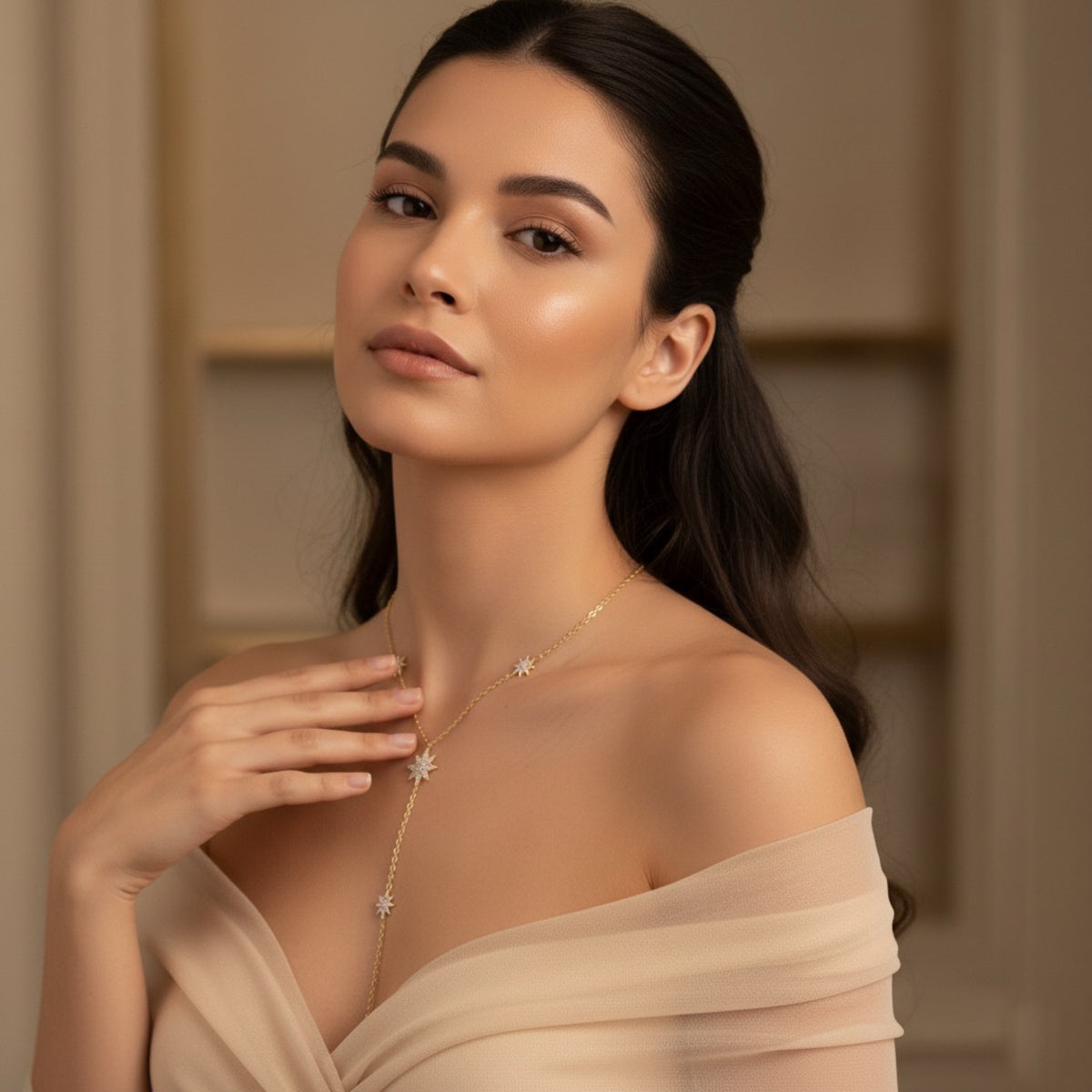 Woman wearing a delicate necklace against a neutral background - Eternal Stars Lariat Necklace - The Songbird Collection