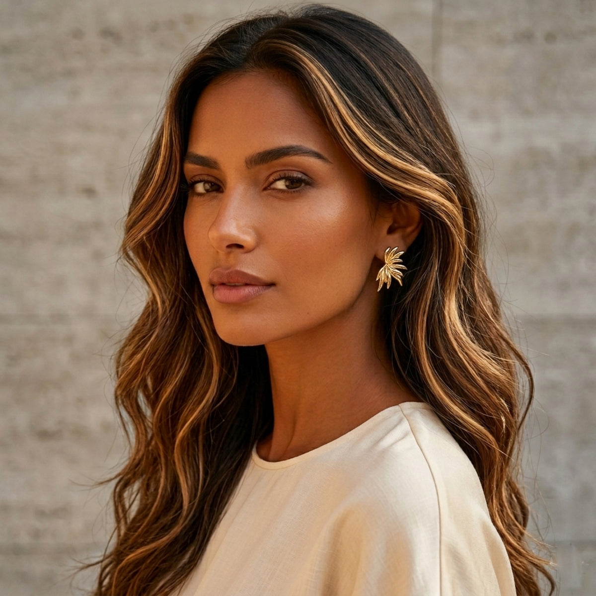 Woman wearing a gold leaf earring against a neutral background - Fireworks Statement Earrings - The Songbird Collection