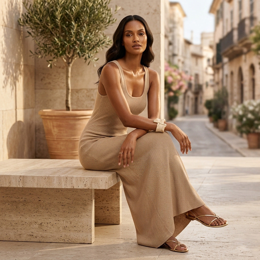 Woman in a beige dress sitting on a stone bench in an urban setting