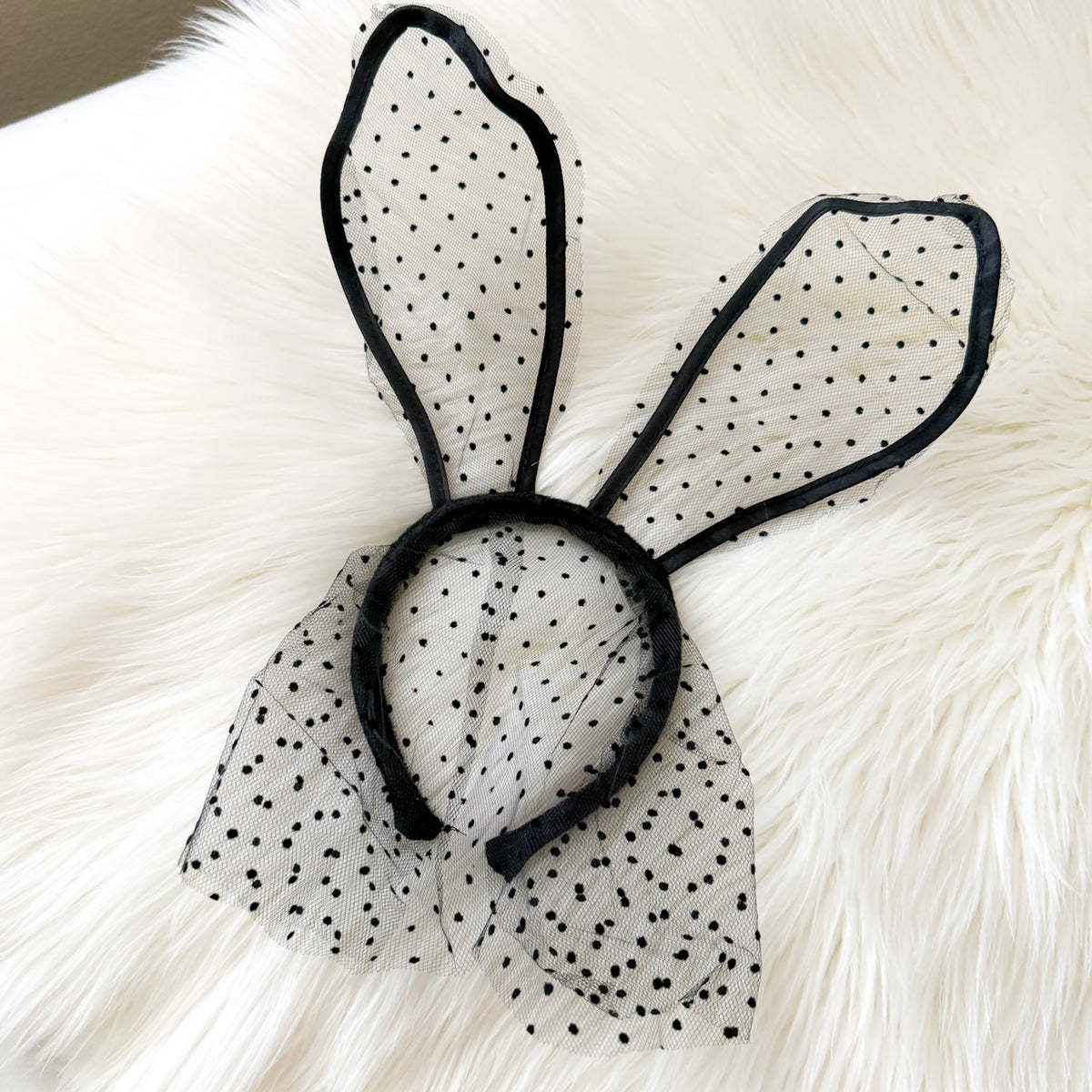 Black Lace Polka Dot Bunny Ear Headband