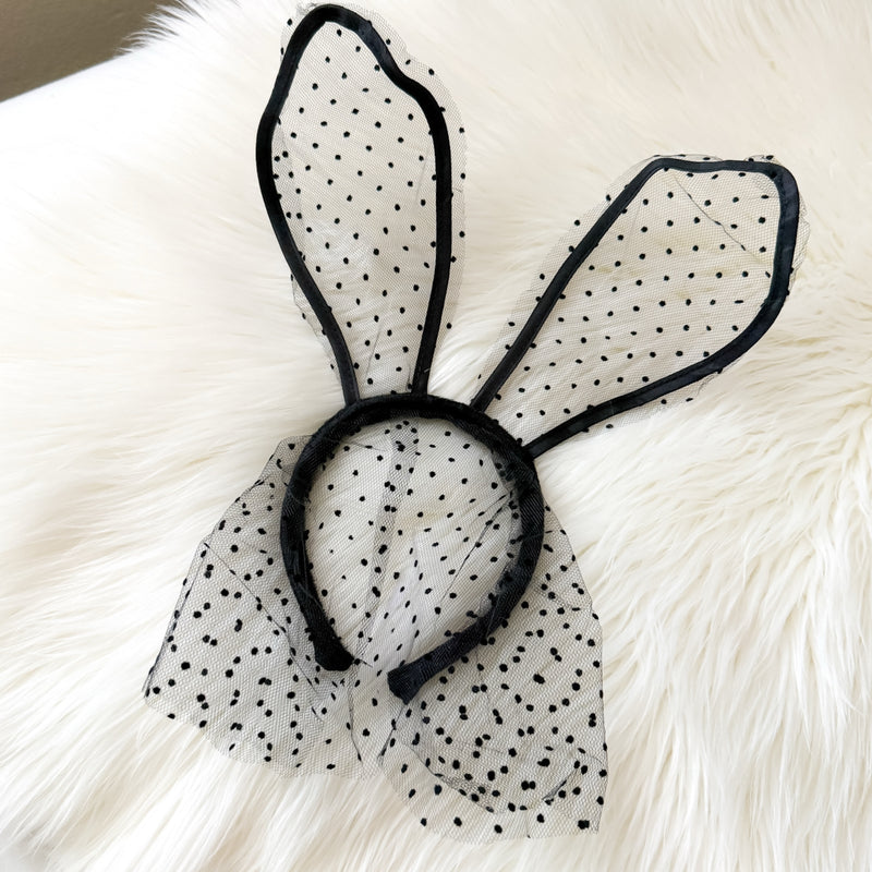 Black Lace Polka Dot Bunny Ear Headband