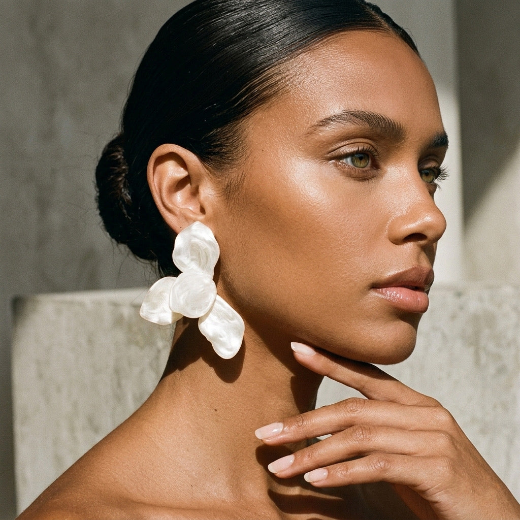 Woman wearing large white bow earrings with a neutral background. Ivory Lotus Statement Earrings - The Songbird Collection