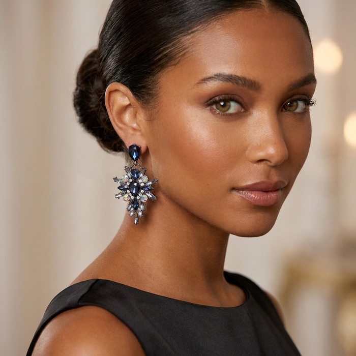 A close-up portrait of a woman wearing a dramatic, starburst-shaped drop earring with dark blue and clear rhinestones, set against a softly blurred warm beige background.  Kristy Statement Earrings  - The Songbird Collection 