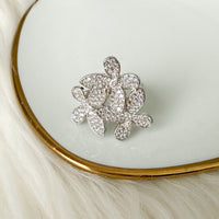 Silver turtle-shaped ring on a round mirror with gold frame