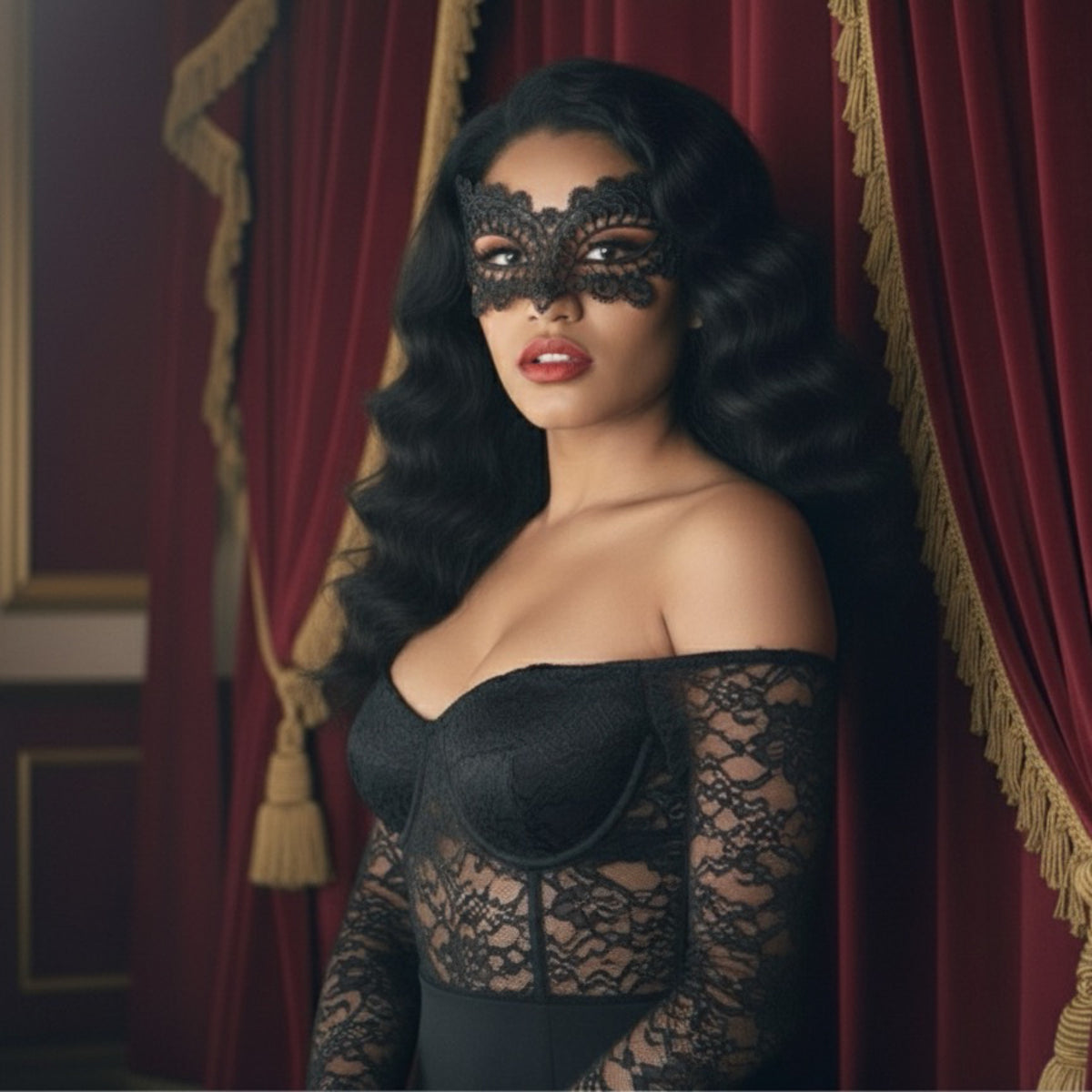 Woman wearing a black lace mask and dress in front of red curtains