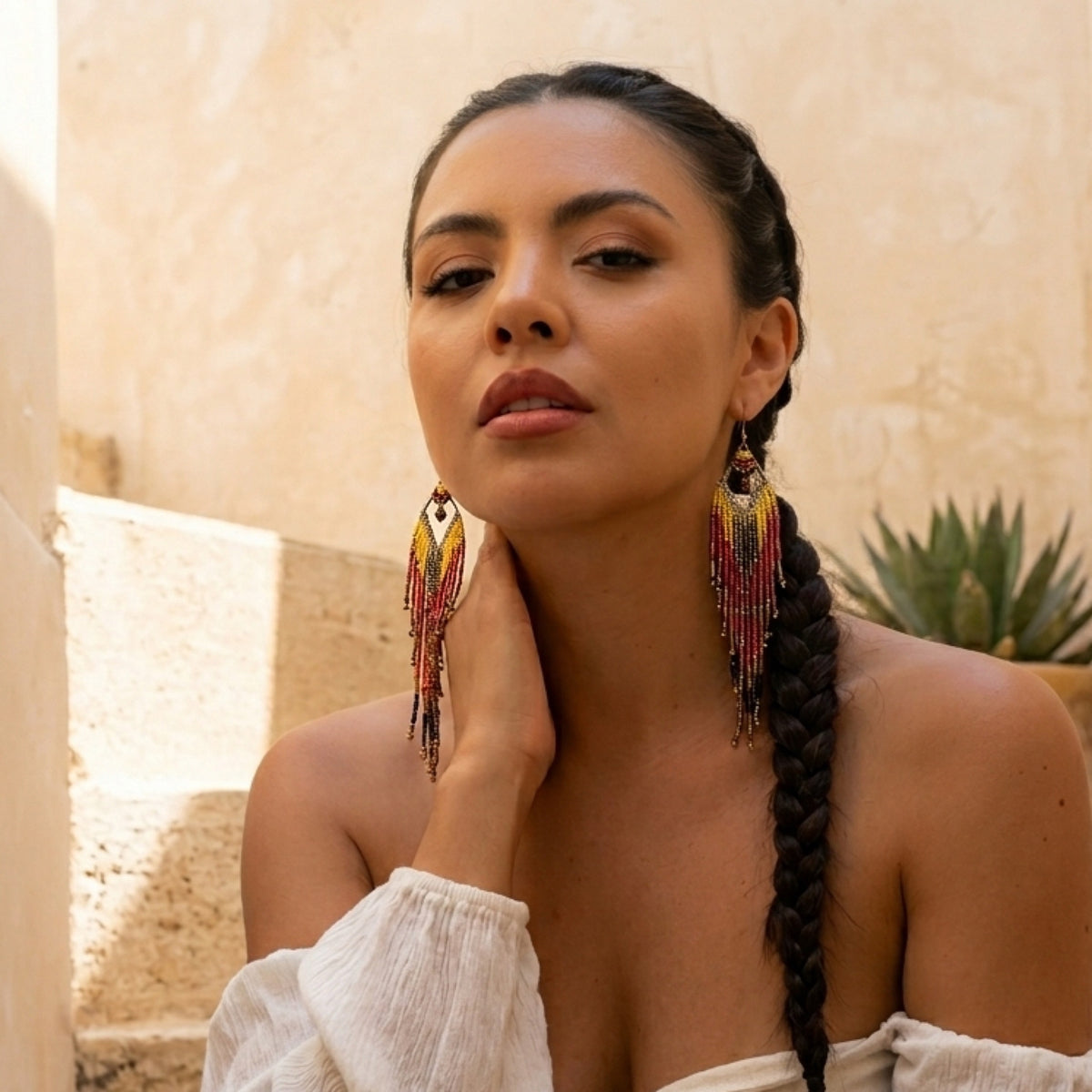 Woman wearing colorful earrings with a neutral background - Mojave Ombre Beaded Statement Earrings