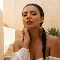 Woman wearing colorful earrings with a neutral background - Mojave Ombre Beaded Statement Earrings