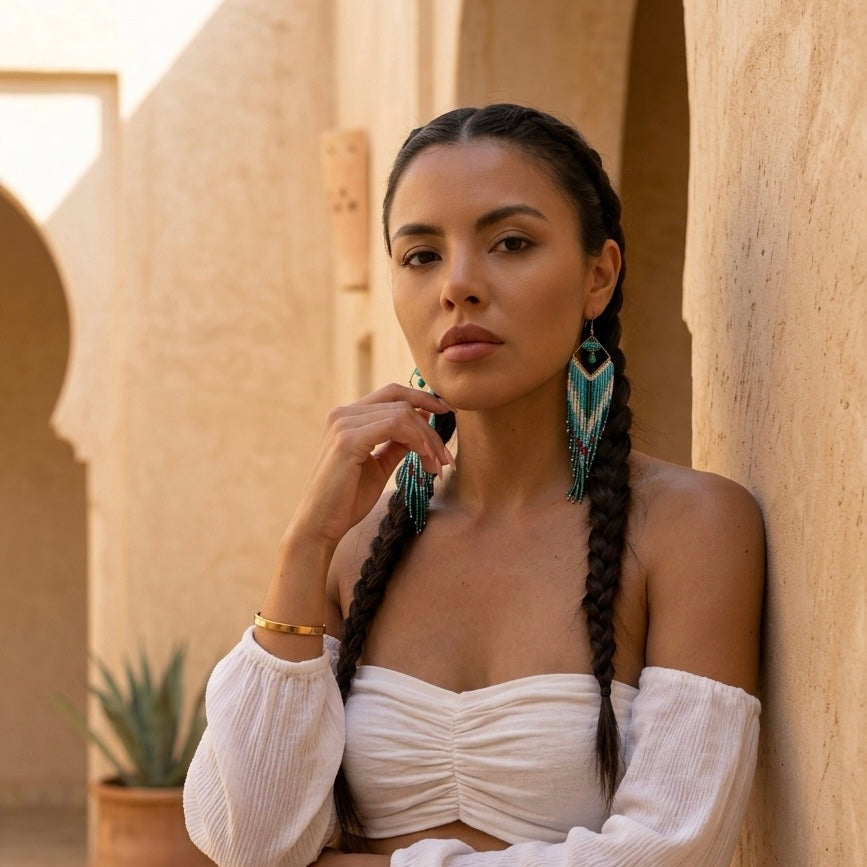 Woman with braided hair and large earrings standing against a beige wall. Mojave Ombre Beaded Statement Earrings