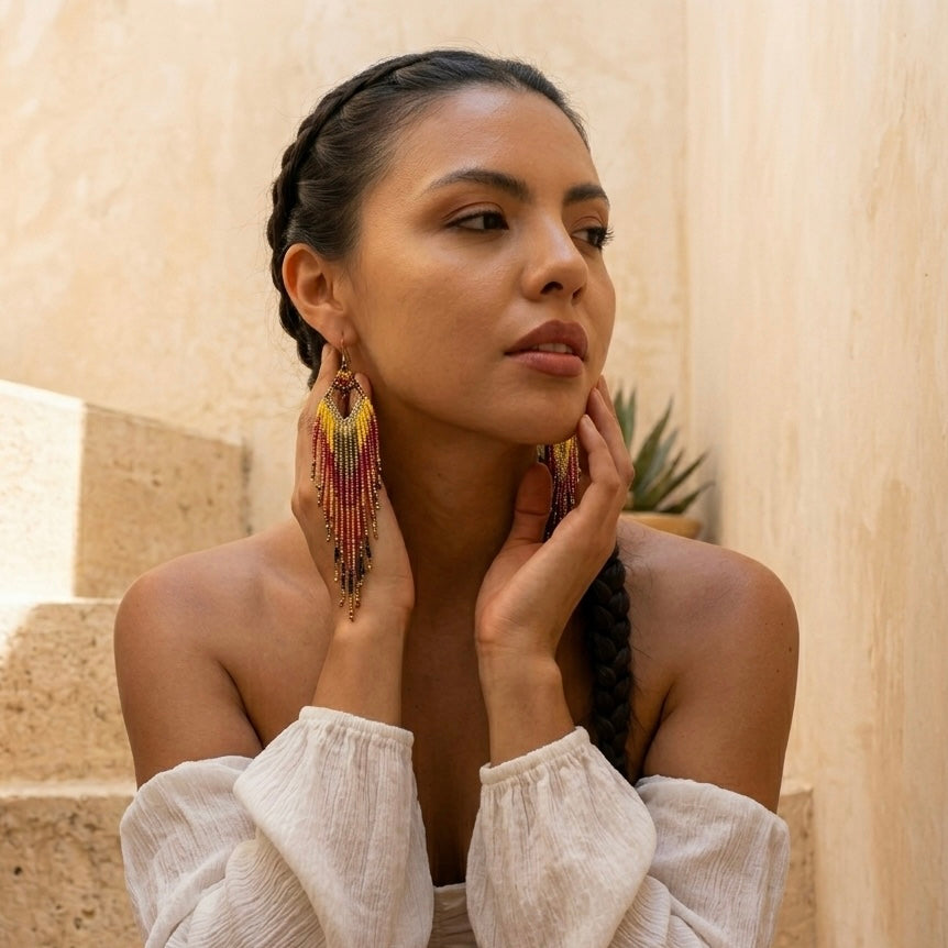 Woman wearing colorful earrings in an outdoor setting - Mojave Ombre Beaded Statement Earrings