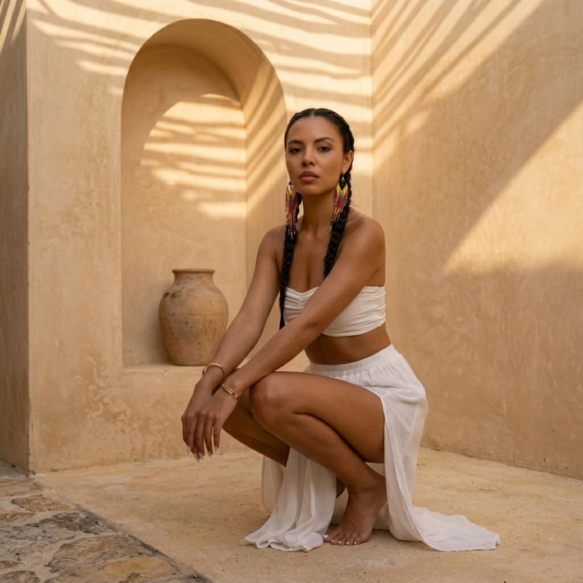 Woman in a white outfit squatting in a sunlit architectural setting - Mojave Ombre Beaded Statement Earrings