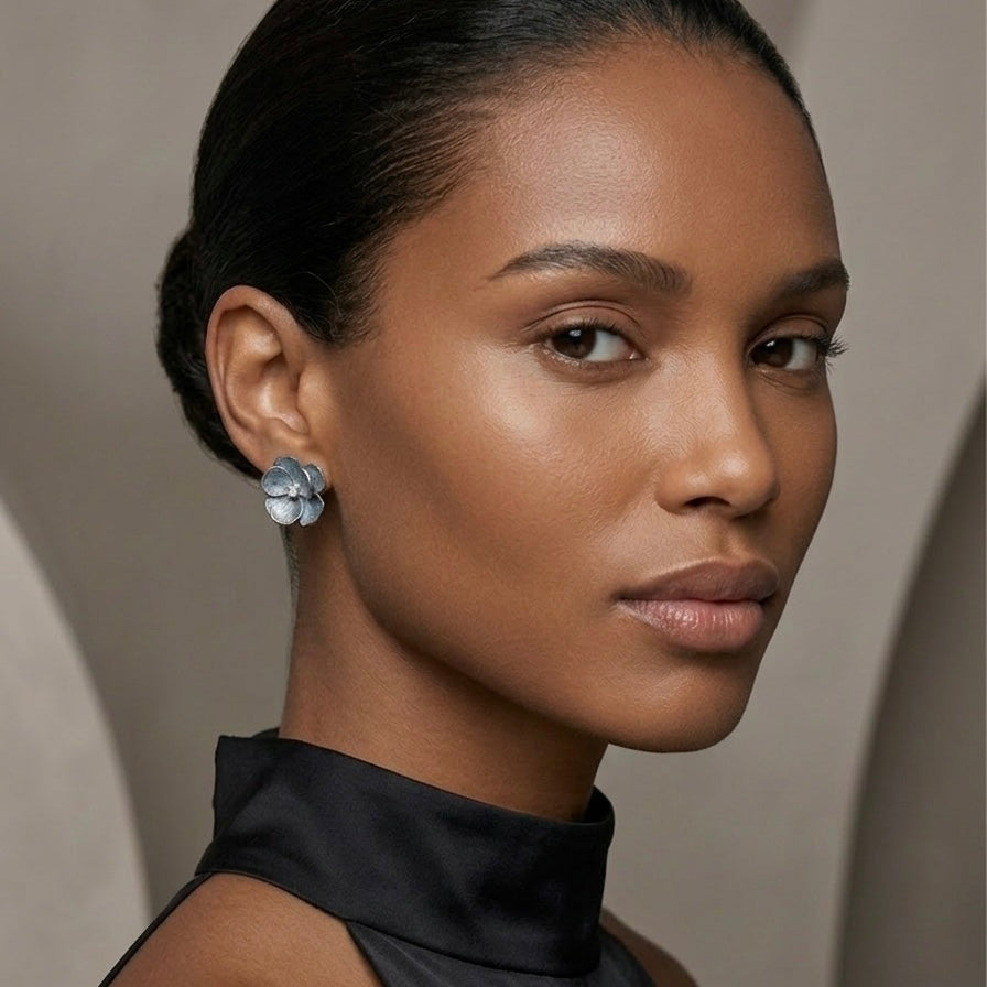 Woman wearing floral earrings with a neutral background - Moonlit Peony Earrings - The Songbird Collection