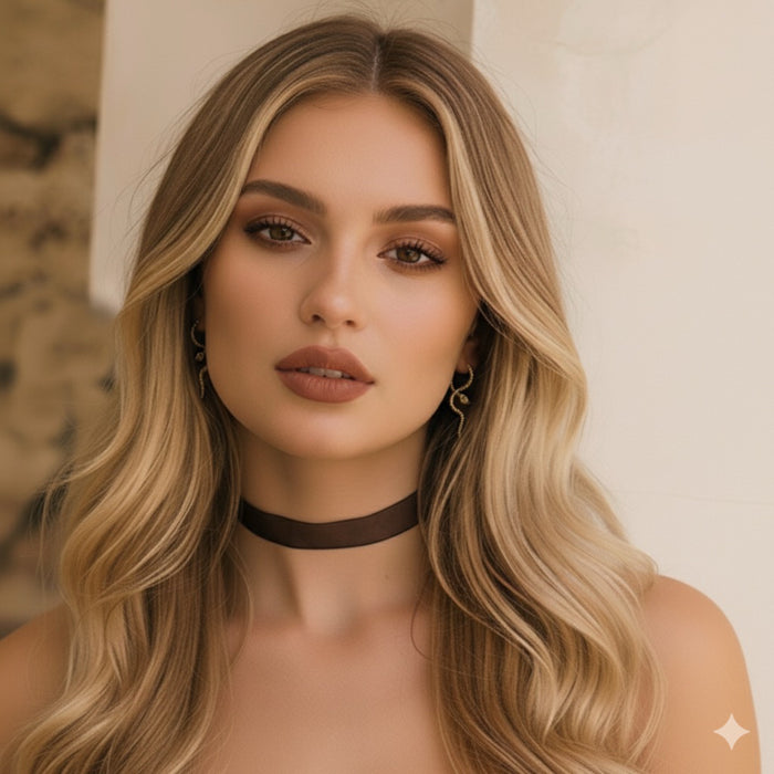 Woman with long, wavy blonde hair wearing a dark choker necklace against a neutral background