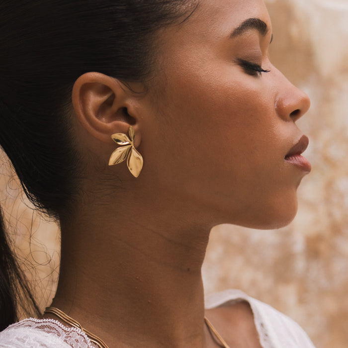 gold flower petal leaf earrings - PVD plating stainless steel - The Songbird Collection - Petal d'Or Earrings