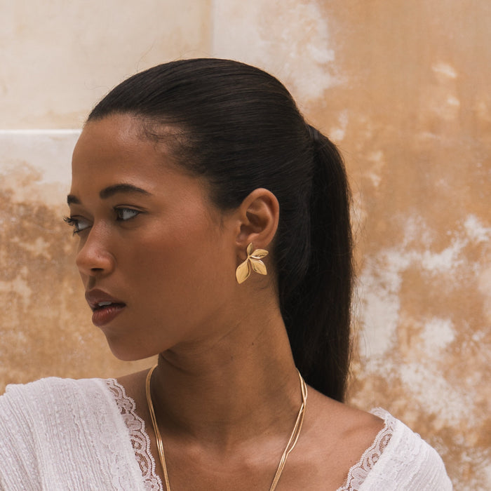 gold flower petal leaf earrings - PVD plating stainless steel - The Songbird Collection - Petal d'Or Earrings