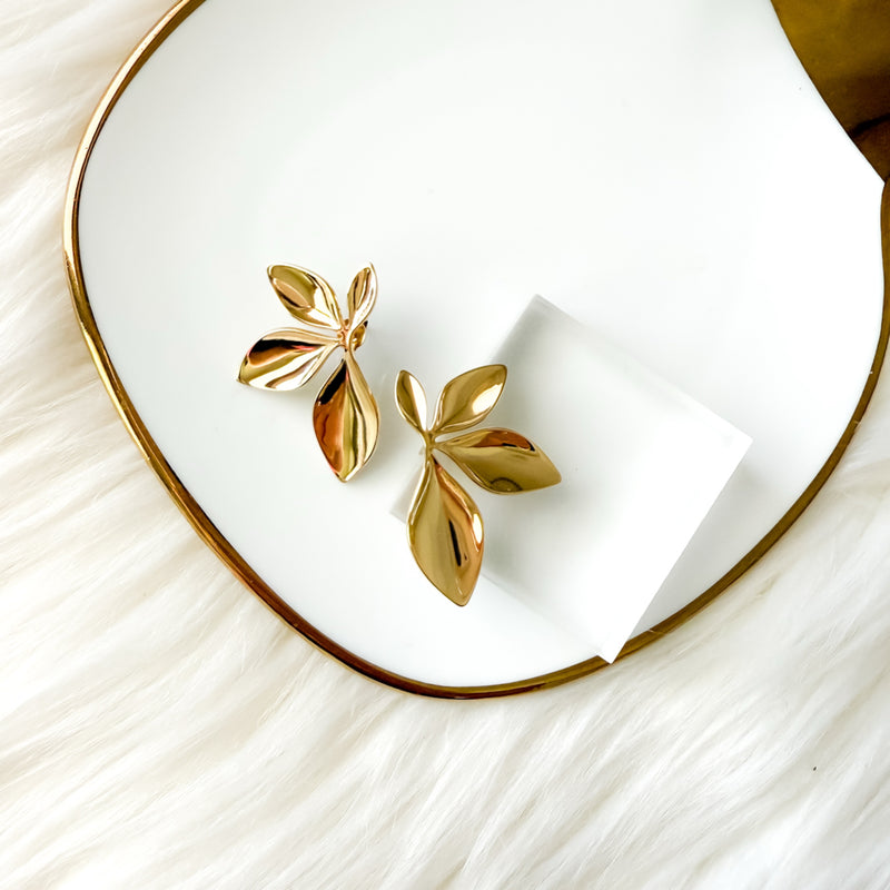 Gold floral petal leaf earrings - PVD plating stainless steel - The Songbird Collection - Petal d'Or Earrings