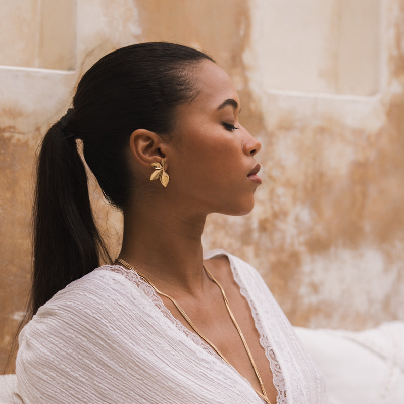 gold flower petal leaf earrings - PVD plating stainless steel - The Songbird Collection - Petal d'Or Earrings