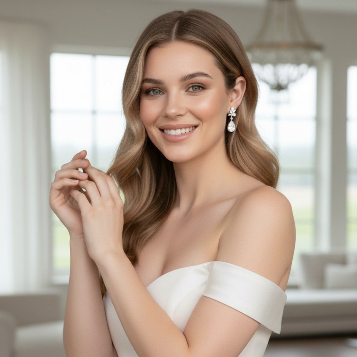 Woman in a white off-shoulder dress with a blurred indoor background - bridal diamonnd drop earrings 