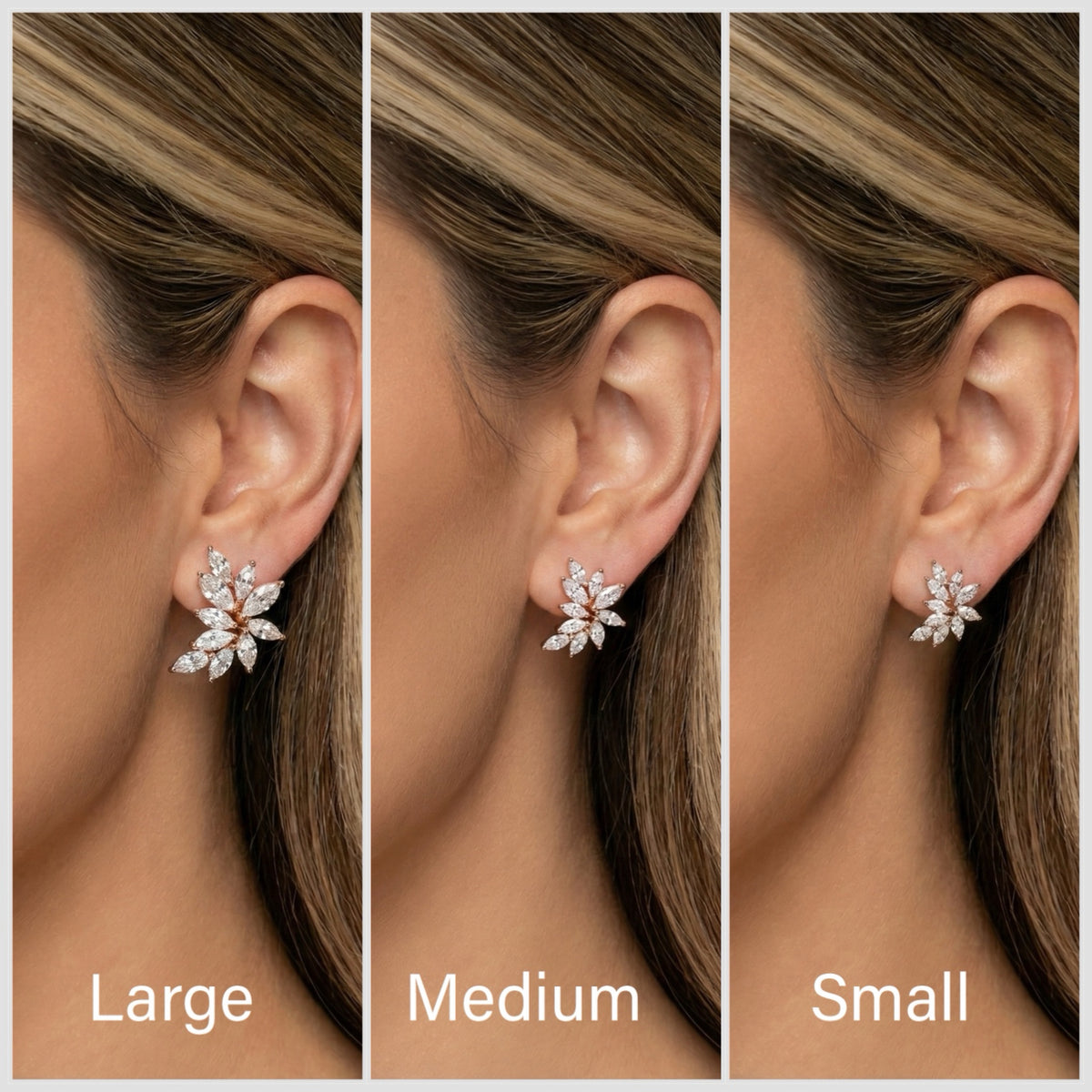 Three pairs of earrings displayed on an ear, labeled 'Large', 'Medium', and 'Small'.