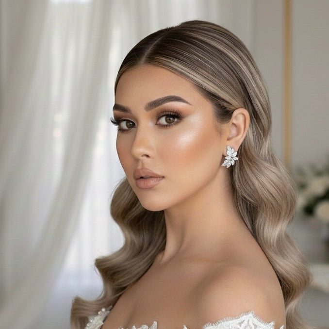 Woman with styled hair and floral, petal drop shaped diamond earrings in a blurred indoor setting