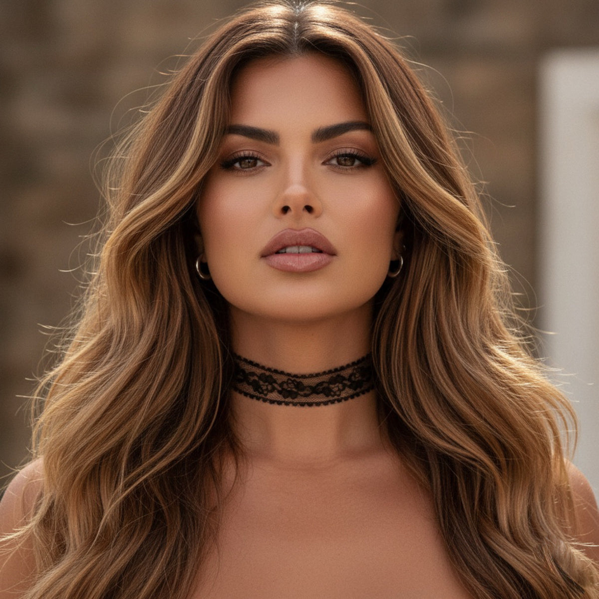 Woman with long wavy hair wearing a black lace choker against a blurred background