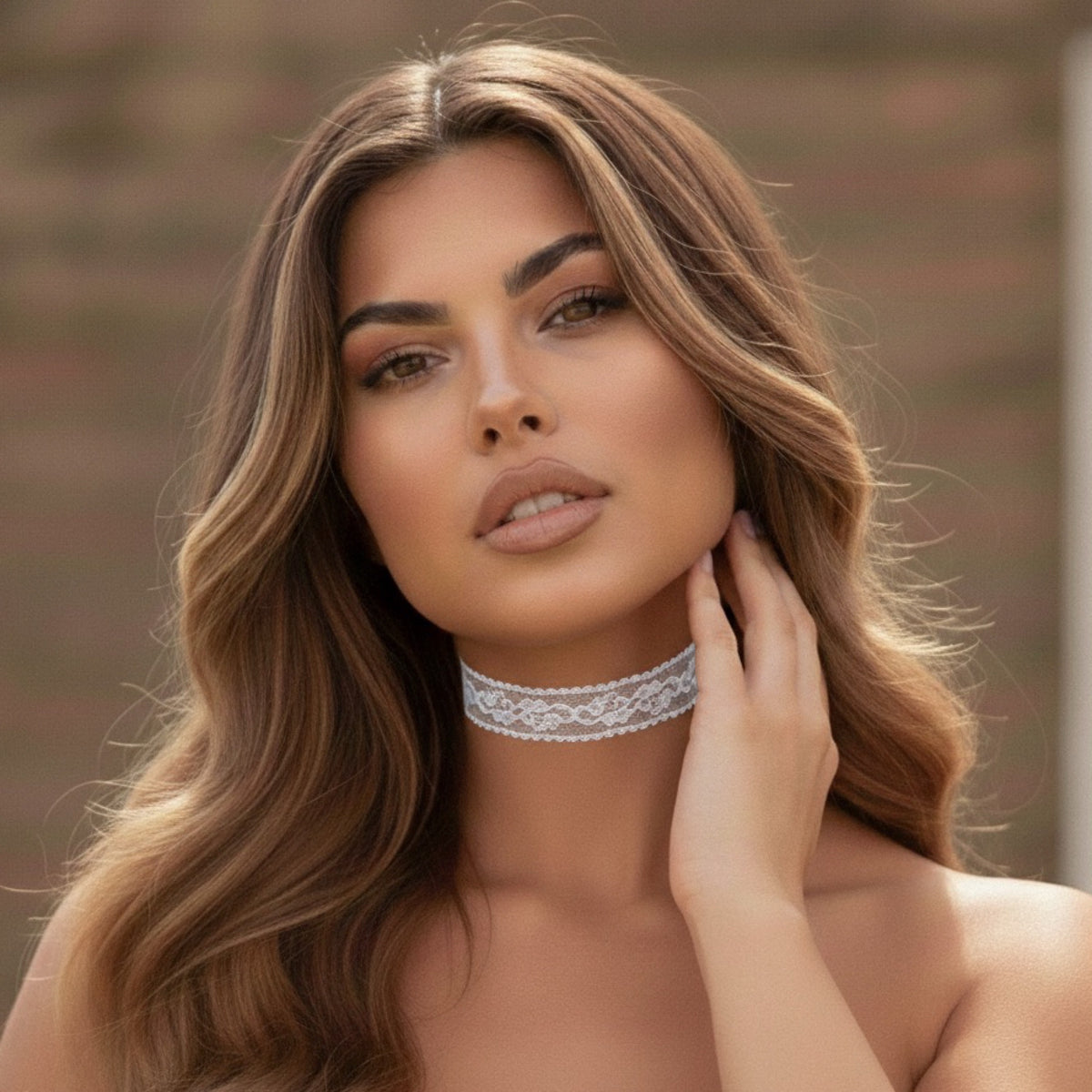 Woman wearing a delicate lace choker with a blurred natural background