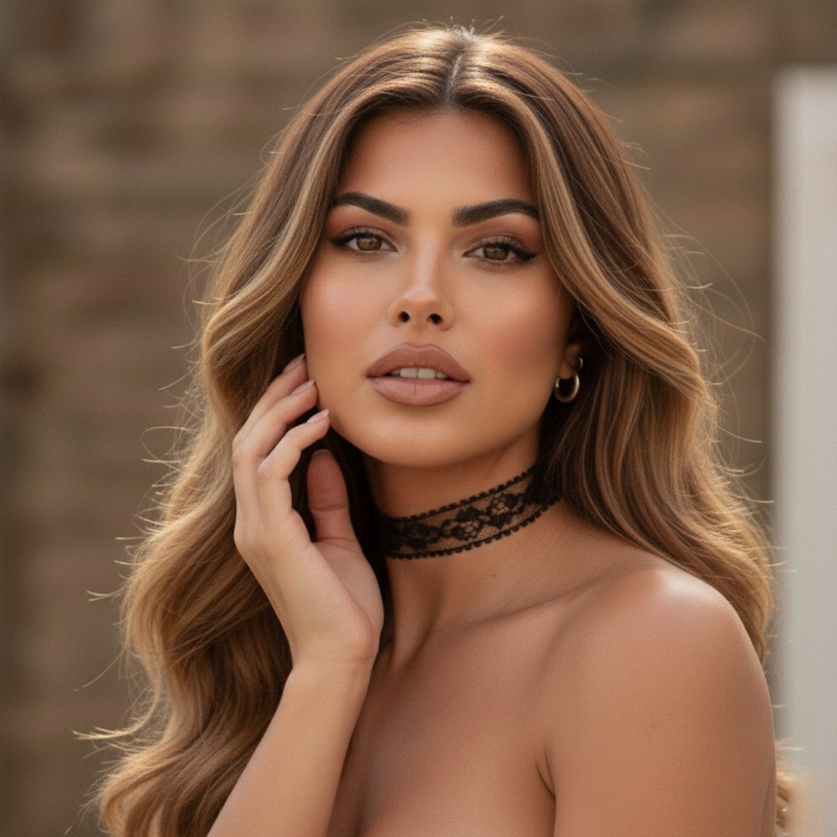 Woman with long, wavy hair wearing a black lace choker against a blurred background