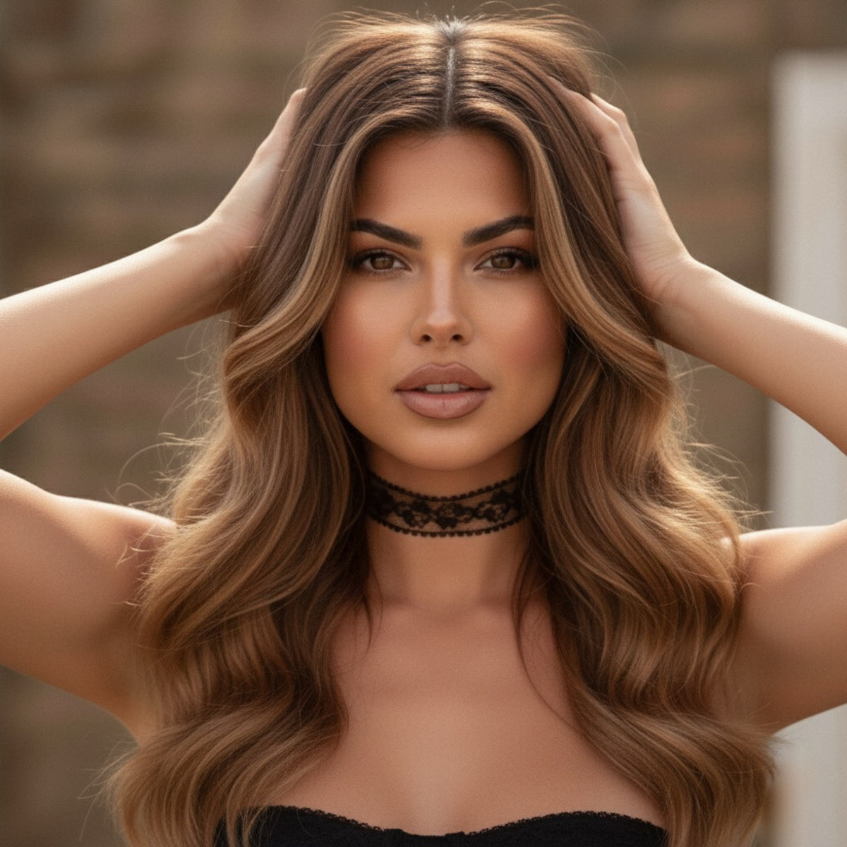 Woman with long, wavy hair wearing a black choker against a blurred background