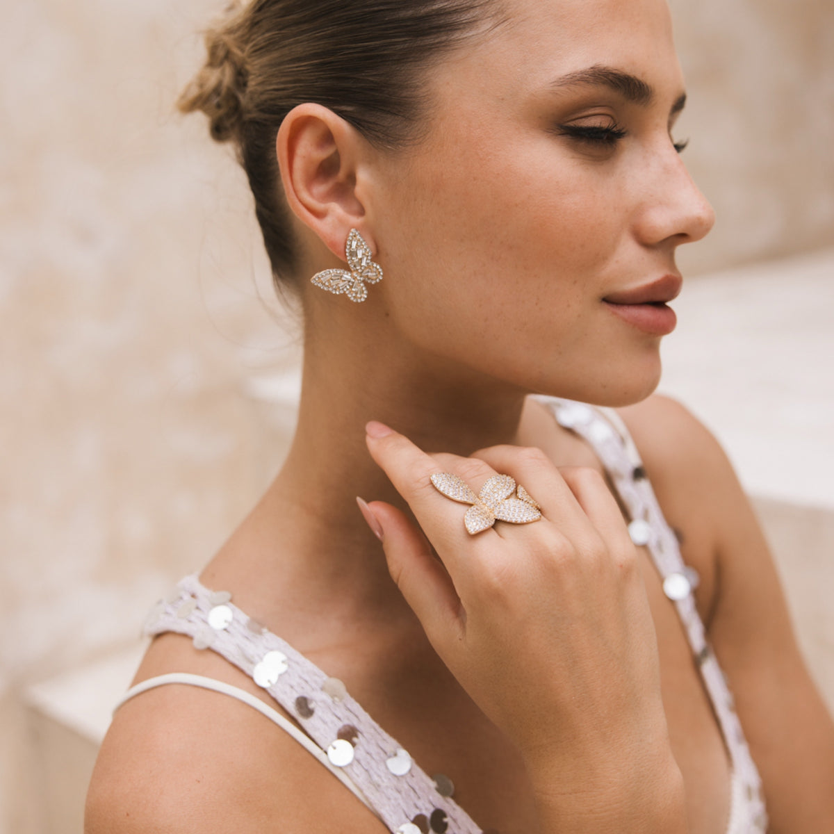 seraphine floral petal ring micropave , butterfly earrings, The Songbird Collection