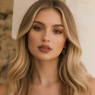 Woman with wavy blonde hair and makeup against a neutral background.  wearing snake loop drop earrings