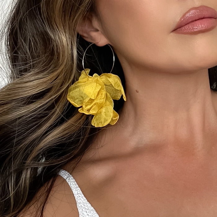 golden hoop earrings with chiffon bows resembling floral petals mustard yellow