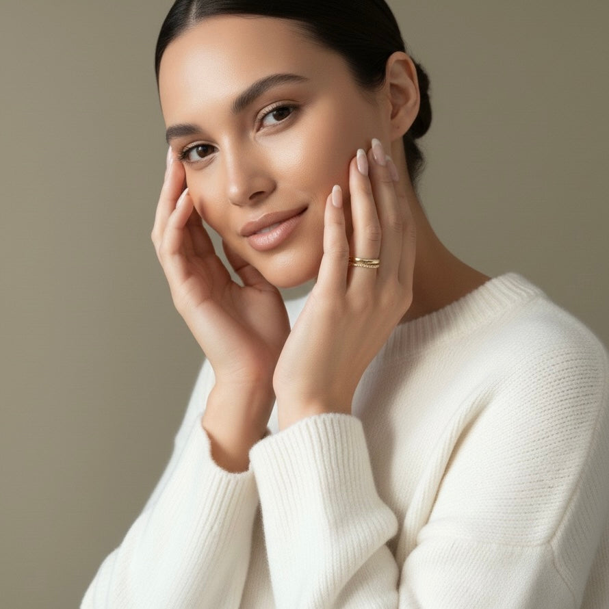 Woman wearing a white sweater against a neutral background Tessa Ring Set - The Songbird Collection - stainless s